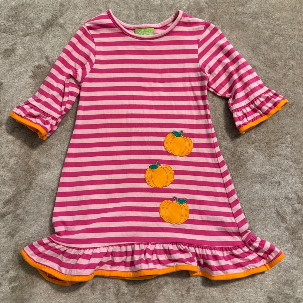 Classic Whimsy Girls Pink Striped Pumpkin Applique Ruffle Fall Dress 3T